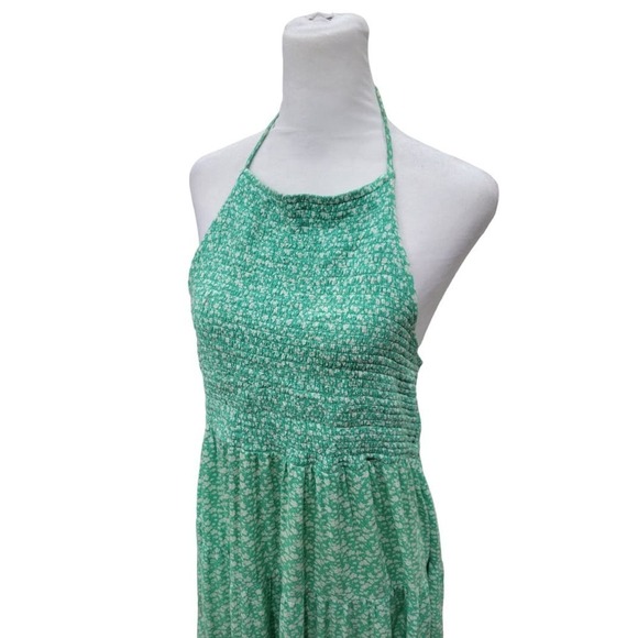 American Eagle Ditsy Floral Print Smocked Halter Dress Size Large Green - Picture 2 of 13